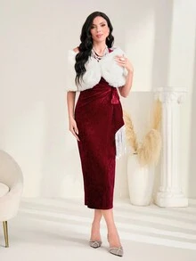 Modelyn Burgundy Red Fringe Trim Knot Side Velvet Dress - Burgundy - View 3