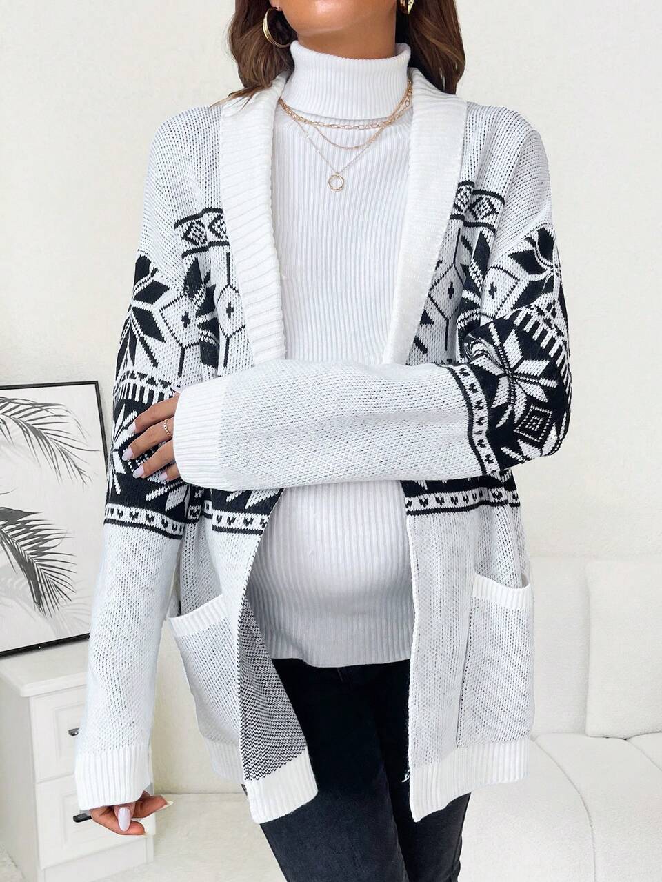 Maternity Geo Pattern Dual Pocket Drop Shoulder Cardigan, For Winter
