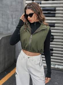 SHEIN Unity Zip Up Crop Vest Padded Padded Coat Clothes Winter - Army Green - View 4