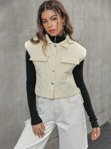 Flirla Drawstring Side Flap Detail Quilted Vest Padded Coat Clothes Winter - Beige - View 6
