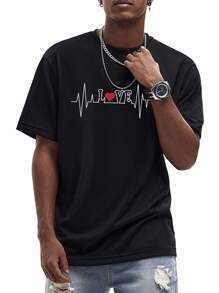 男士愛心和字母圖案T恤 - 黑色 - 查看 3