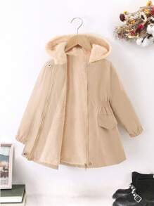 SHEIN 女小童1入組拉鏈開襟連帽加絨內裏外套 - 卡其色 - 查看 1