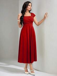 Modelyn Solid Square Neck A-Line Dress For New Year Clothes Maxi Women Outfit - Red - View 3