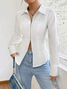 SHEIN EZwear 素色拉鏈開襟弧形下擺襯衫 - 白色 - 查看 5
