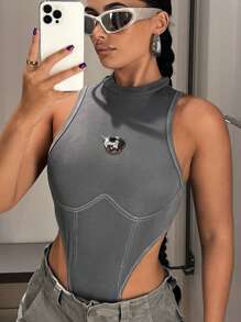 SHEIN ICON Letter Patched Detail Mock Neck High Cut Tank Summer Bodysuit - Grey - View 4