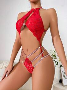 SHEIN Floral Lace Cut Out Halter Teddy Bodysuit Lingerie Bridal Lingerie For Rave - Red - View 4