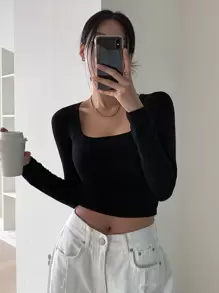 DAZY 女式方领短款长袖T恤上衣 - 黑色 - 查看 5