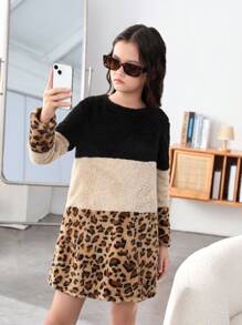 Tween Cô Gái Dệt Kim Màu Sắc Tương Phản Cổ Tròn Rời Đơn Giản Sang Trọng Nối Da Báo Sang Trọng Đầm - màu nâu - Xem 1