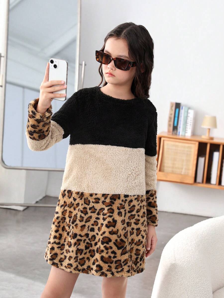 Tween Cô Gái Dệt Kim Màu Sắc Tương Phản Cổ Tròn Rời Đơn Giản Sang Trọng Nối Da Báo Sang Trọng Đầm - màu nâu - Xem 1