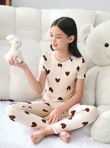 SHEIN 青少女心形印花短袖褲子緊身睡衣套裝 - 粉色 - 查看 1