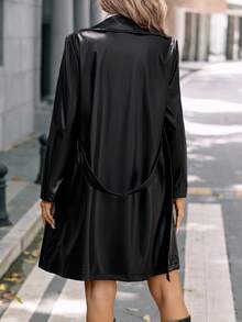 SHEIN Clasi Áo khoác da PU cổ có thắt lưng - màu đen - Xem 2