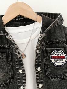 Young Boy Letter Patched Dual Pocket Denim Jacket Without Tee - Black - View 3