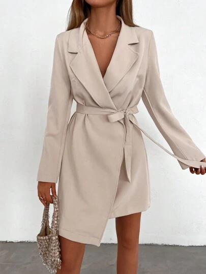 EURMUSE Lapel Neck Asymmetrical Hem Belted Dress