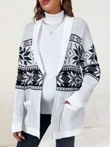 SHEIN Maternity Geo Pattern Dual Pocket Drop Shoulder Cardigan, For Winter