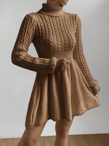 Firerie Turtleneck Cable Knit Sweater Dress In Fall/Winter - Coffee Brown - View 4