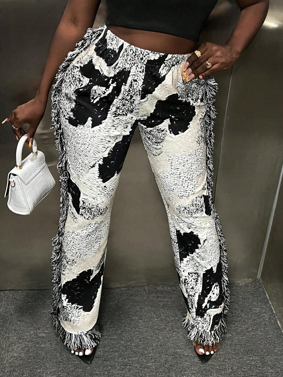 Slaydiva Graphic Print Fringe Trim Pants - Multicolor - View 1