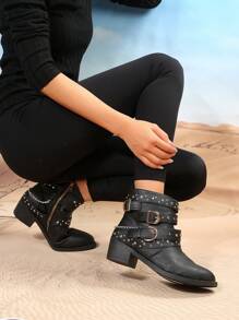Botas de moda con detalle de remaches y cadena de tacón medio para mujer con estilo punk - Negro - Ver 2