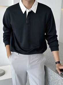 DAZY Men Contrast Collar Polo Shirt Business Attire - Navy Blue - View 6