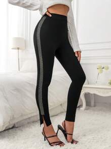 SHEIN Essnce 水鑽側邊開叉下擺緊身褲 - 黑色 - 查看 6