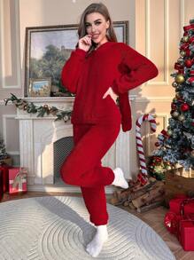 1 bộ đồ ngủ vải nỉ trùm đầu thiết kế tai 3D, Giáng sinh - Màu Đỏ Sâu - Xem 4
