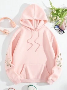 加大码印花抽绳保暖内衬卫衣，冬季款 - 粉色 - 查看 2