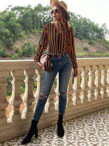 EMERY ROSE 条纹印花纽扣前开襟女式衬衫 - 彩色 - 查看 5