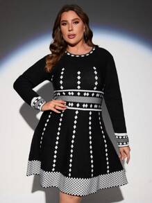 SHEIN Clasi 大碼地理圖案毛衣洋裝 - 黑色 - 查看 6