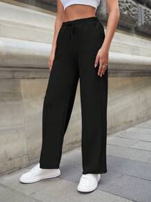 Solid Drawstring Waist Wide Leg Sweatpants - Black - View 4