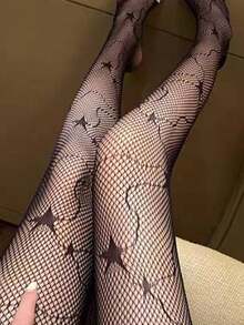 Goth 1pair Women Star Pattern Fishnet Tights - Black - View 3
