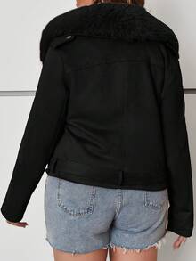 Women's Vintage Short Jacket With Large Faux Fur Collar And Motorcycle Design For Plus Sizes - Keep In Autumn And Winter - Black - View 2