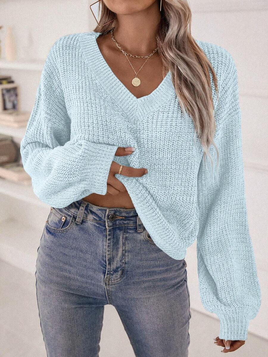 Chiquease V Neck Drop Shoulder Sweater,Long Sleeve Tops Knit Pullover Fall Winter Outfit - Baby Blue - View 1