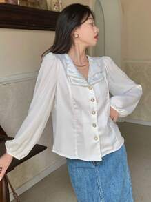 DAZY Pearls Beaded Lantern Sleeve Button Front Satin Blouse,Long Sleeve Tops,Fall Clothes - White - View 9