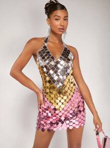 SHEIN BAE 亮片裝飾繞頸露背緊身洋裝 - 彩色 - 查看 1