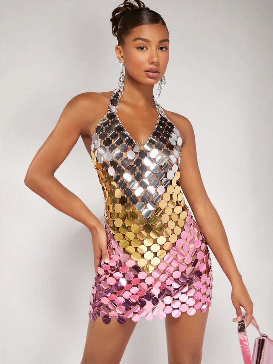 SHEIN BAE 亮片裝飾繞頸露背緊身洋裝 - 彩色 - 查看 1