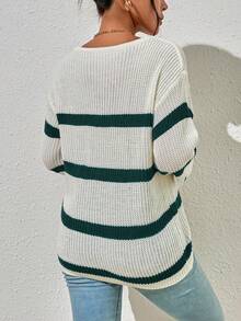SHEIN Essnce Jersey de rayas de hombros caídos escote V - Verde Oscuro - Ver 2