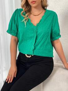 Flirla Plus Contrast Lace Puff Sleeve Blouse