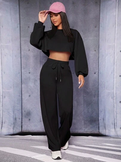 SHEIN PETITE 落肩袖短款套頭衫&腰部抽繩衛褲