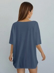 SHEIN Essnce Solid Asymmetrical Shoulder Oversized Tee - Navy Blue - View 2