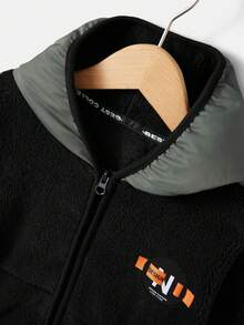 RueChic Tween Boy Letter Embroidery Contrast Hooded Jacket Without Tee - Black - View 5