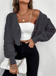 SHEIN Frenchy 麻花編織落肩袖前紐扣開襟衫 - 深灰色 - 查看 5