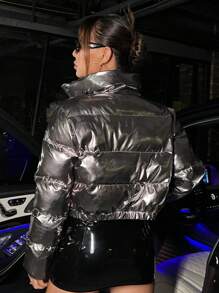 SHEIN ICON Women'S Metallic Colored Padded Coat - Silver - View 6