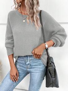 EMERY ROSE 纽扣后背蝙蝠袖针织套头衫秋冬毛衣 - 淺灰色 - 查看 6