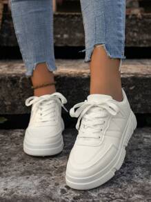休閒平底滑冰鞋防滑女式時尚透氣白色厚底運動鞋 - 白色 - 查看 2