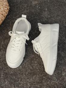 休閒平底滑冰鞋防滑女式時尚透氣白色厚底運動鞋 - 白色 - 查看 5