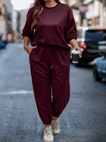 SHEIN LUNE Plus Drop Shoulder Sweatshirt & Sweatpants - Burgundy - View 6