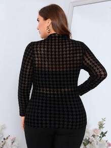 SHEIN Clasi Plus Houndstooth Print Mesh Top Without Bra, For Winter - Black - View 2