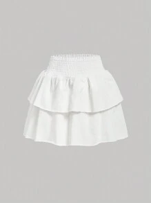 SHEIN MOD Solid Shirred Waist Layered Ruffle Hem Denim Skirt - White - View 1