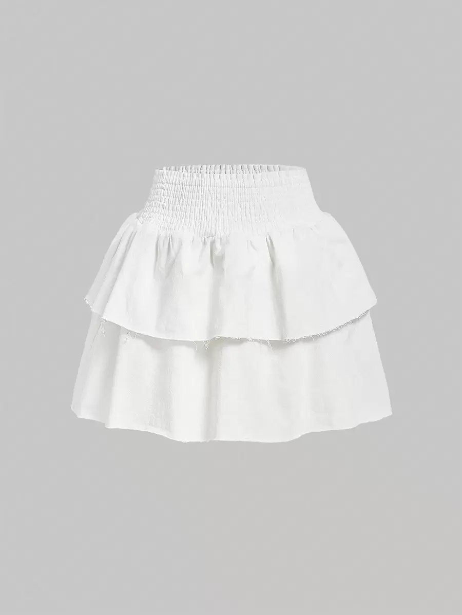 SHEIN MOD Solid Shirred Waist Layered Ruffle Hem Denim Skirt - White - View 1