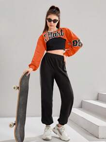 SHEIN 青少年女孩字母圖案短款套頭衫和運動褲和背心上衣