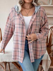 Calvaya Plus Plaid Print Drop Shoulder Drawstring Hooded Shirt - Multicolor - View 1
